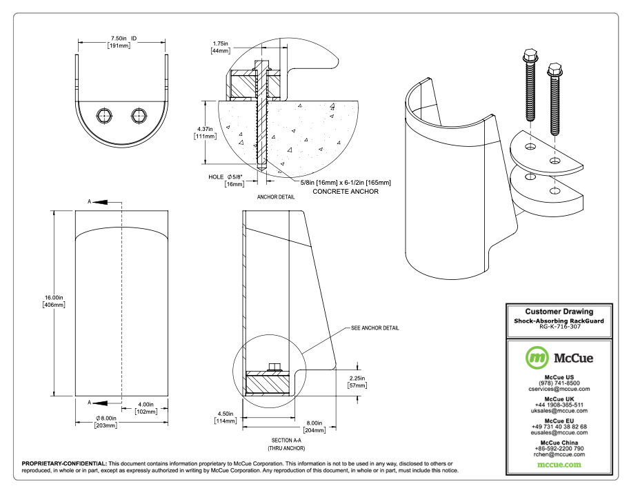 7.5˝ (191mm) Wide x 16˝ (406mm) Tall Customer Drawing